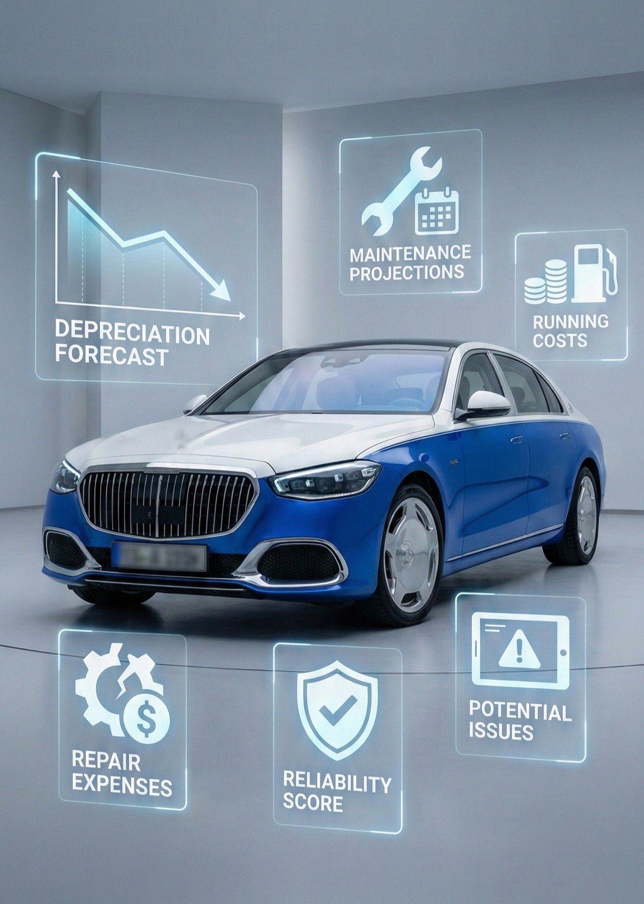 A car surrounded by the figures in a Revvaro report: Revvaro Score, depreciation forecast, maintenance projections, running costs, repair expenses and potential issues